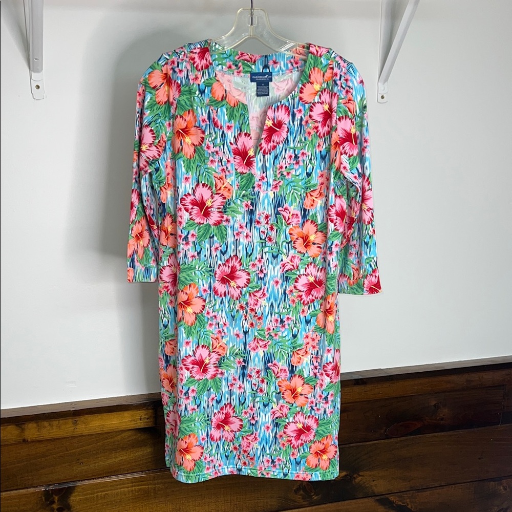 Caribbean Joe Vibrant Floral 3/4 Sleeve Spandex Hibiscus Dress- S